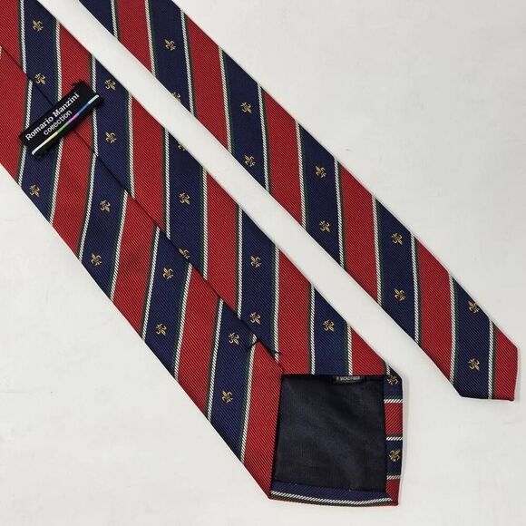 ROMARIO MANZINI COLLECTION SILK TIE BLUE RED REPP STRIPE FLEUR DE LIS 3.5" X 58" - Picture 2 of 4